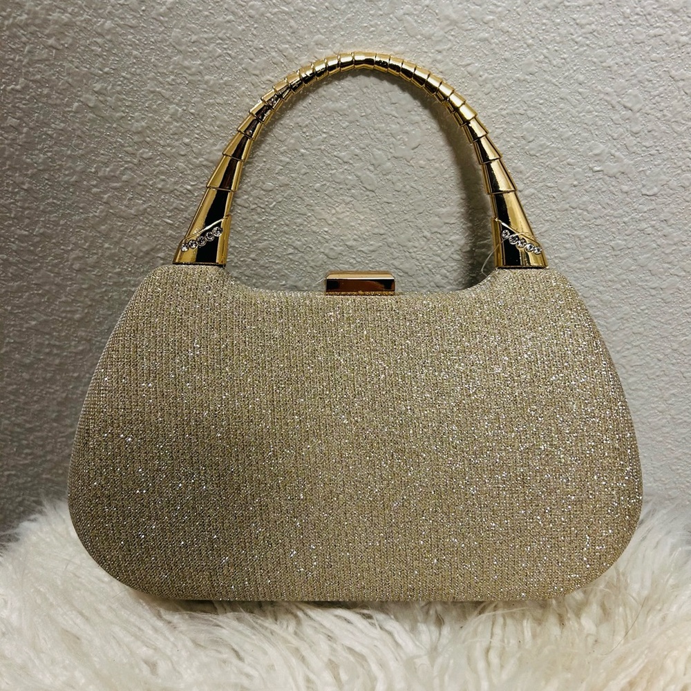 Elegant Gold Shimmer Women's Handbag with Gold Crossbody Chain NWT - Picture 1 of 5